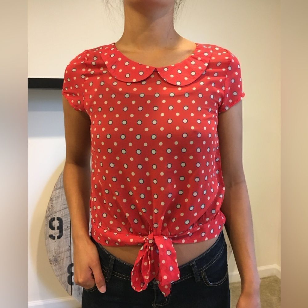 Dolled Up Red Polka Dot Collared Tie Waist Semi-Sheer Cropped Blouse NWOT 3/4
